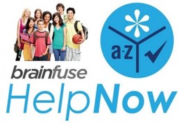 Group of students next to the logo of HelpNow  online tutoring from Brainfuse