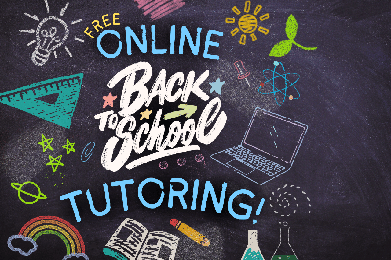 Title reads: Free Online Back-to-School Tutoring. Background is of a chalkboard with multi-colored doodles all over it.