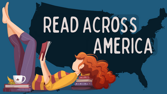 Young woman reading across US map