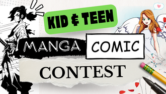 Mt. Orab Library Kid and Teen Manga/Comic Contest program title over a background of manga/comic characters.