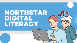 Title of service: Northstar Digital Literacy on a blue and white background. A grandmother is looking over the shoulder of her grandson using a laptop computer.
