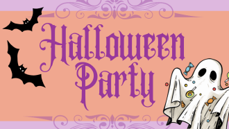Halloween Party Announcement with flying bats on the left, and a candy covered ghost on the right.