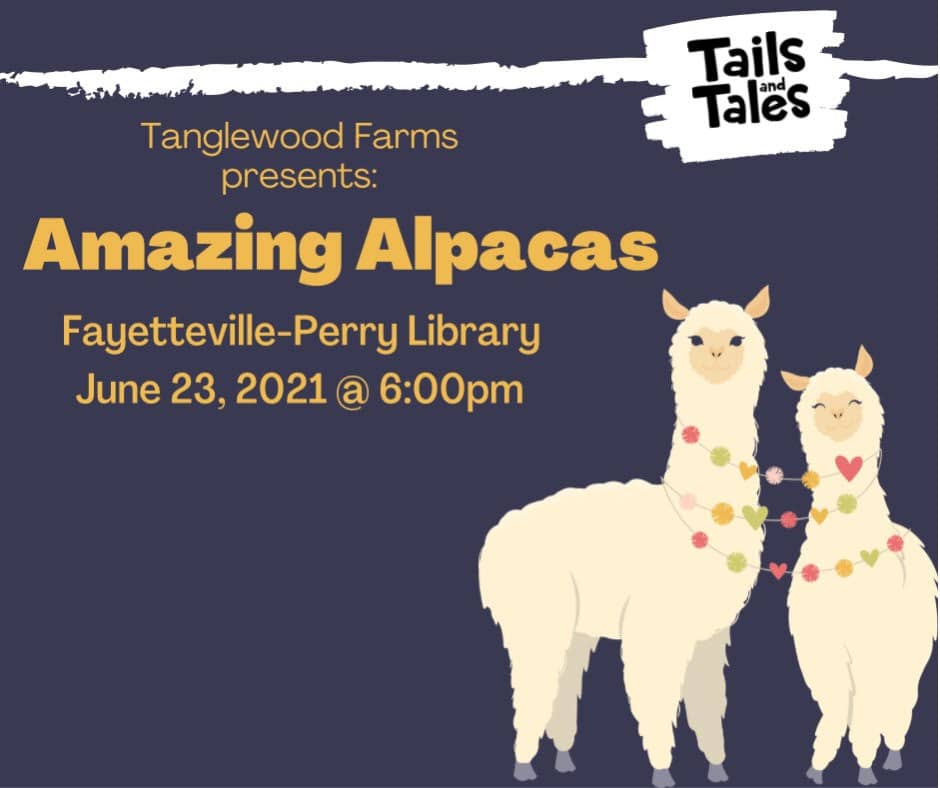 Tails and Tales logo and cartoon alpacas on a navy blue background with text reading Tanglewood Farms presents: Amazing Alpacas Fayetteville-Perry Library June 23, 2021 @ 6:00pm 