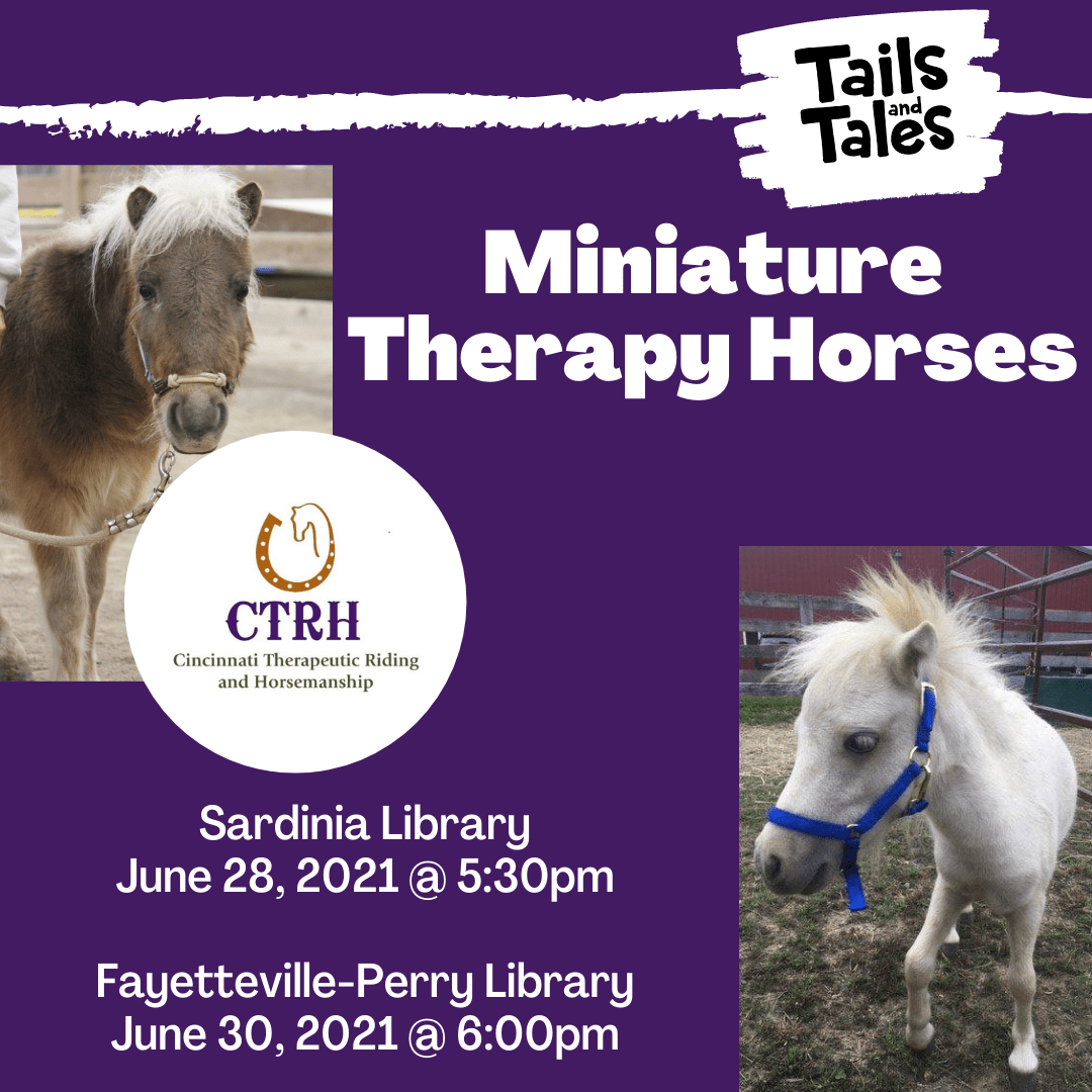 Purple background with white Tails and Tales logo. Two pictures of miniature horses with the Cincinnati Therapeutic Riding and Horsemanship logo. White text reading "Miniature Therapy Horses Sardinia Library June 28, 2021 at 5:30pm and Fayetteville-Perry Library June 30, 2021 at 6:00pm 