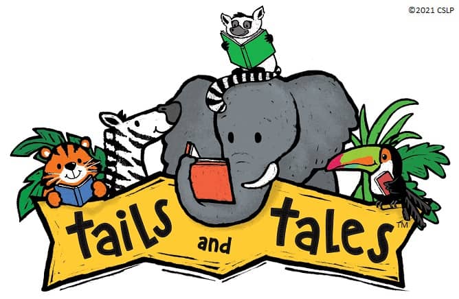 Cartoon tiger, zebra, elephant, lemur, and toucan all with books behind a yellow banner that says Tails and Tales