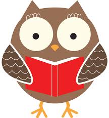 A cartoon owl holding a red book.