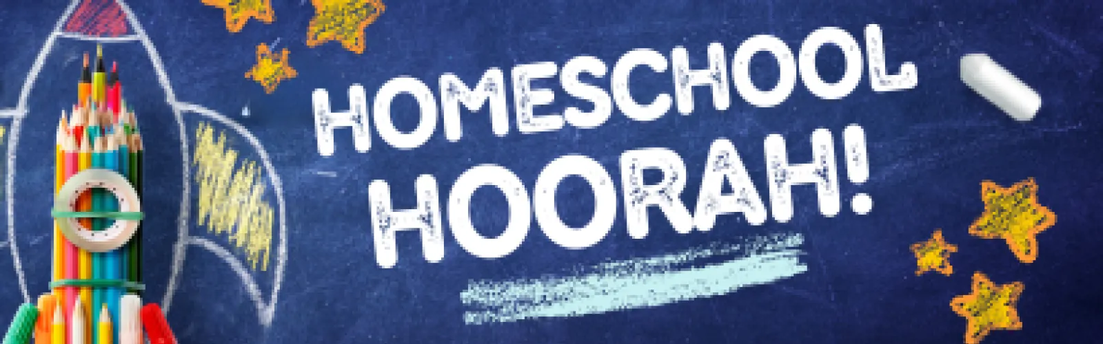 Homeschool Hoorah! program title over a dark blue chalkboard with chalk doodles all over it.